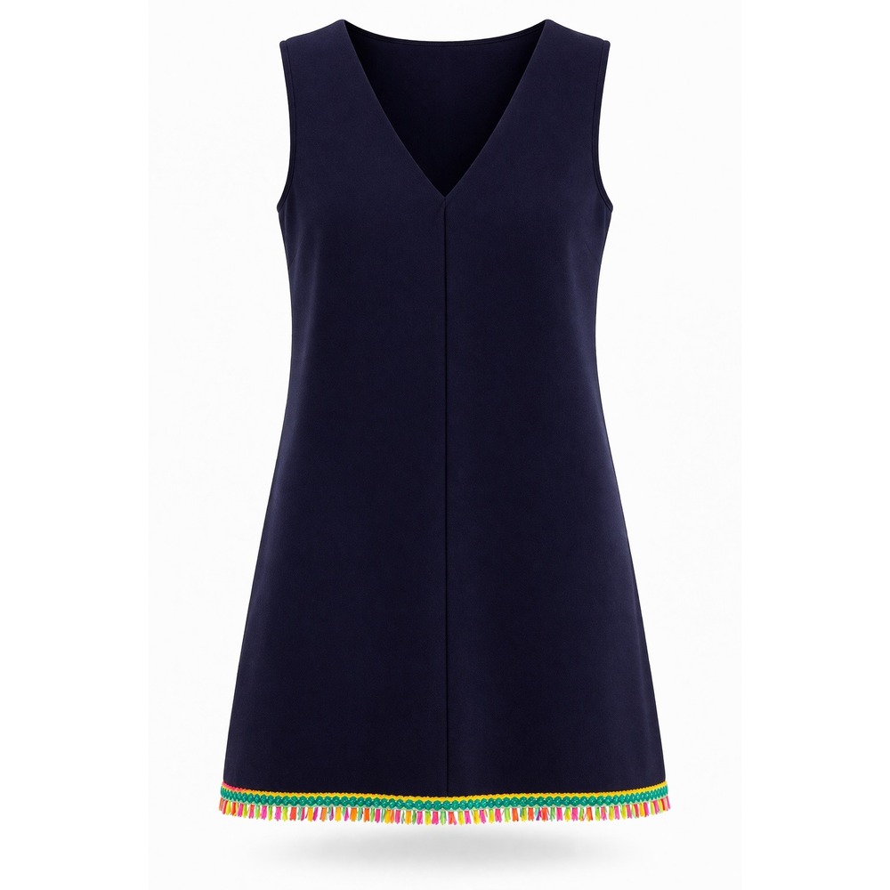 Buckley K Navy Blue V-Neck Shift Dress with Multi-Color Fringe Trim XS‎
